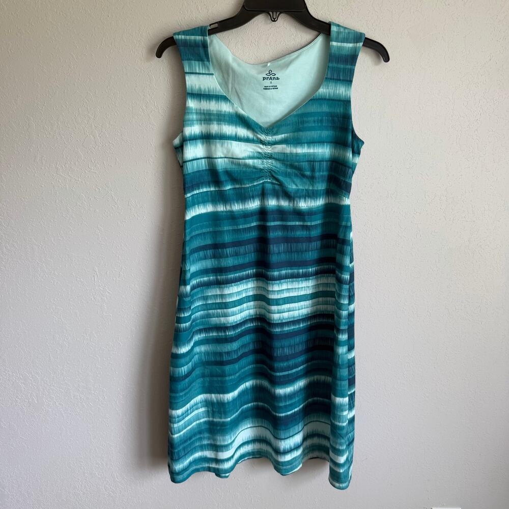 Prana Viana Teal Blue Striped Patterned Ruched Neckline Sun Dress Womens S